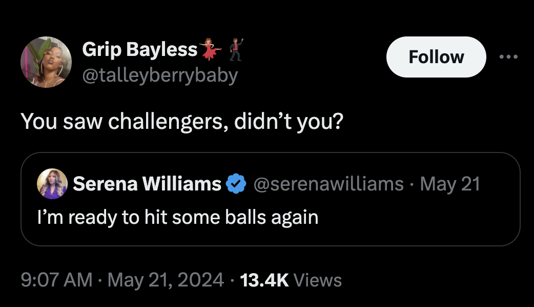 screenshot - Grip BaylessX You saw challengers, didn't you? Serena Williams ... May 21 I'm ready to hit some balls again Views